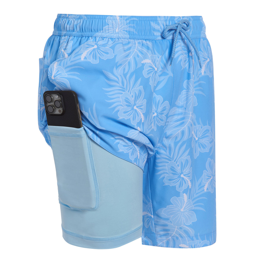 Dreamwave Men's Compression Liner Swim Trunks with Phone Pocket 7 inch Inseam Anti Chafing Tropical Blue