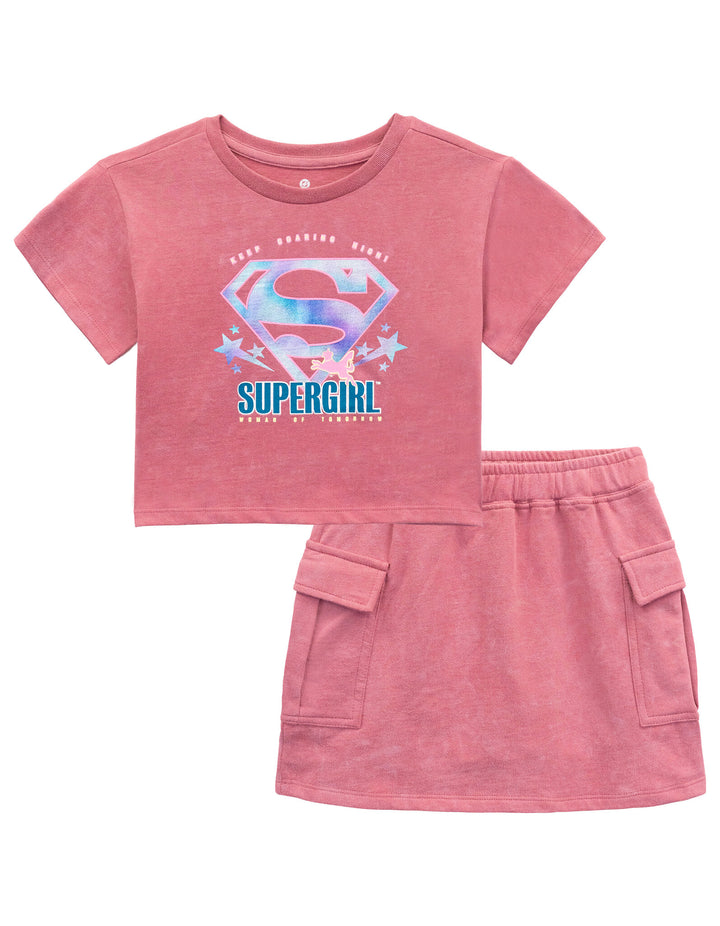 DC Comics Justice League Supergirl Girls' Cropped 2-Piece T-Shirt and Skort Set Pink Wash