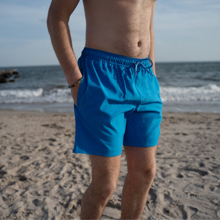 Dreamwave Men's Compression Liner Swim Trunks with Phone Pocket 7 inch Inseam Anti Chafing Bright Blue Grey