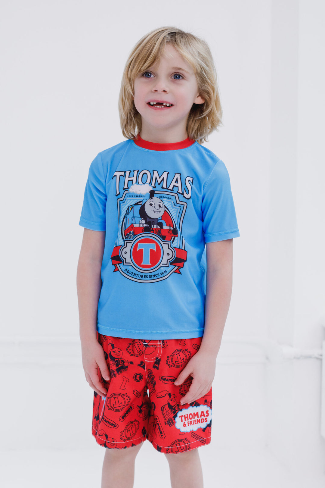 Thomas & Friends Boys' Swimwear 2-Piece Rash Guard and Swim Trunks Set Blue Red