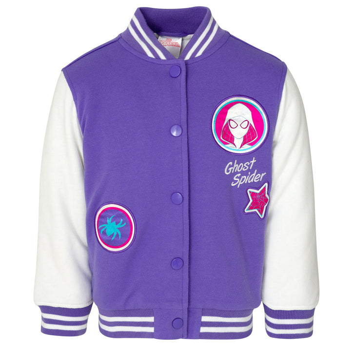 Marvel Spider-Verse Ghost-Spider French Terry Varsity Bomber Jacket Purple