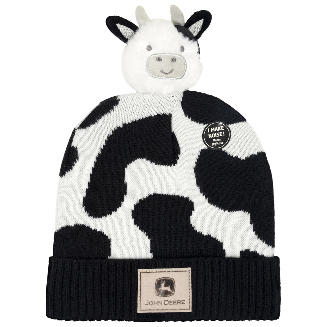 John Deere Toddler Boys' Pom Pom Beanie Hat with Sound Chip Black White Cow