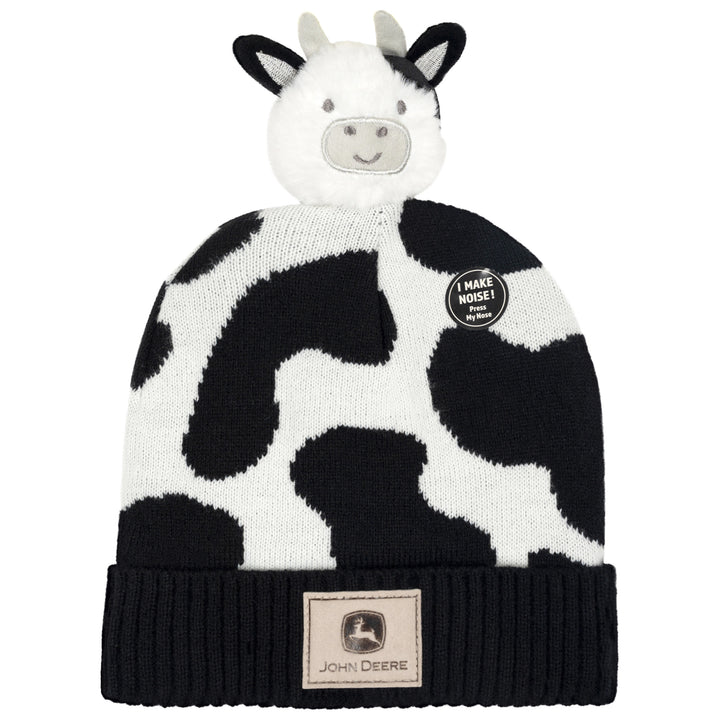 John Deere Toddler Boys' Pom Pom Beanie Hat with Sound Chip Black White Cow