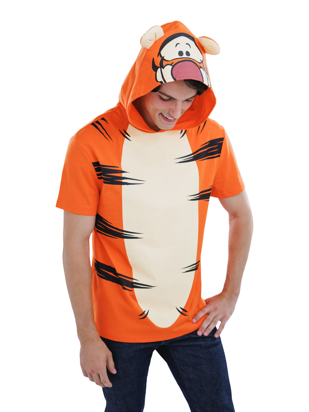 Disney Winnie the Pooh Tigger Men's Cosplay Short Sleeve Hooded T-Shirt Striped Orange