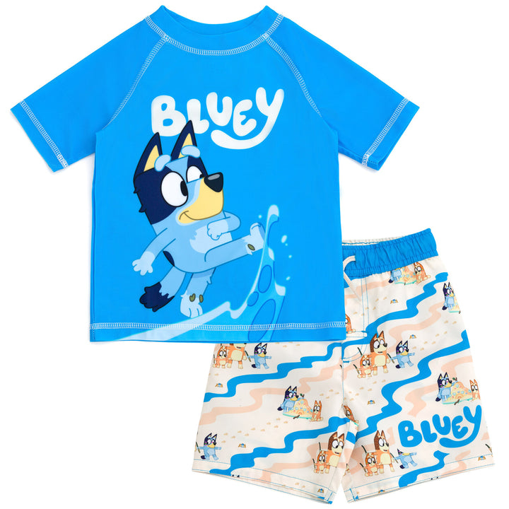 Bluey Boys' Swimwear 2-Piece Rash Guard and Swim Trunks Set Bingo Blue Tan