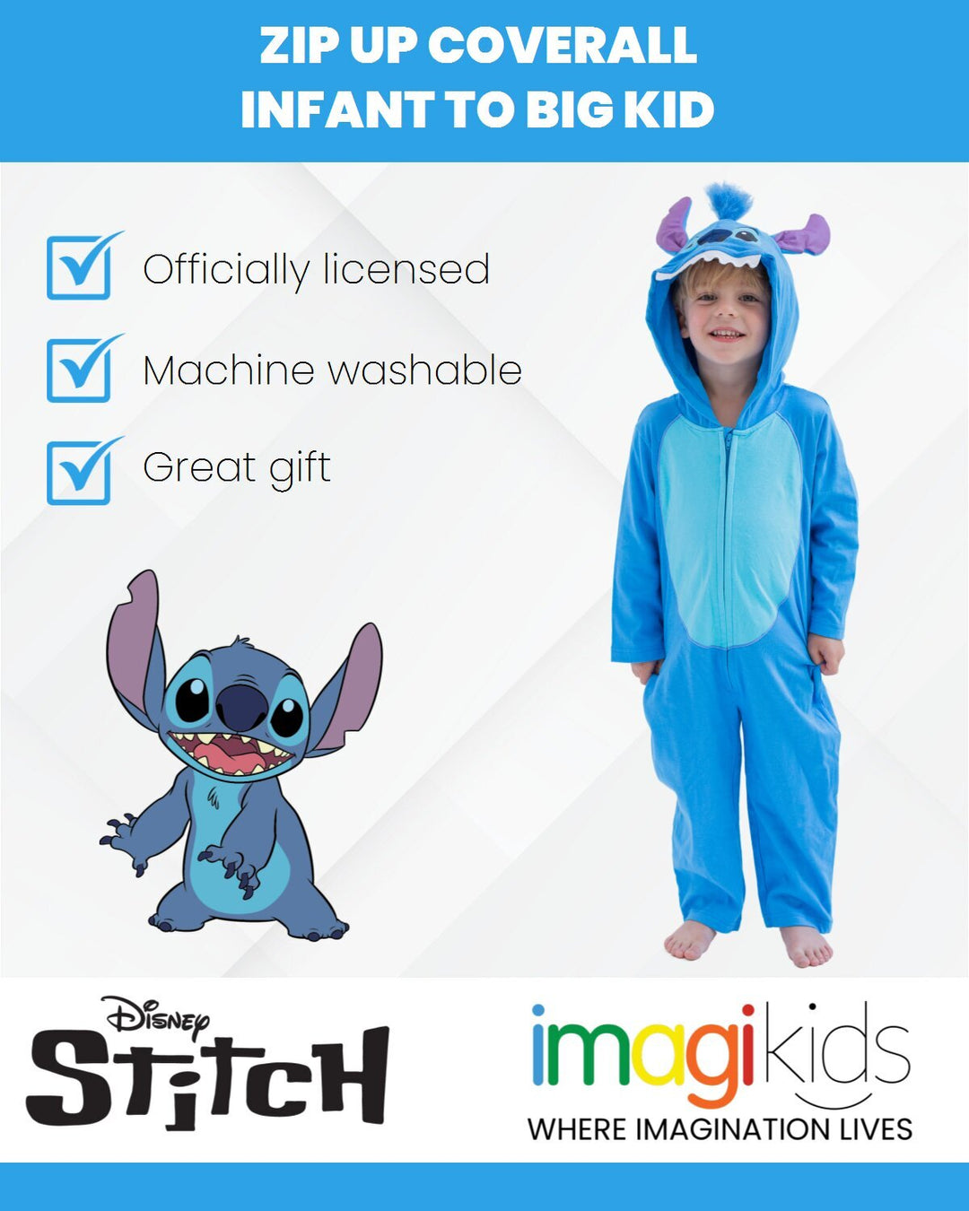 Lilo & Stitch Boys' Cosplay Hooded One Piece Blue