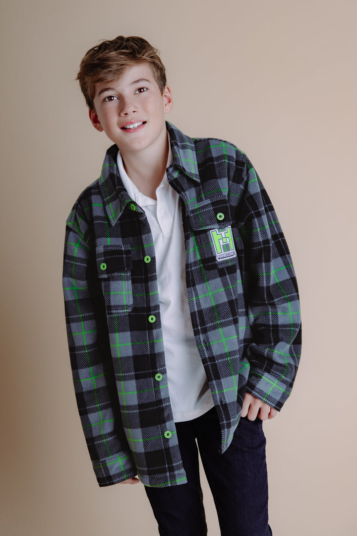 Minecraft Creeper Boys' Fleece Lined Shacket Gray Green
