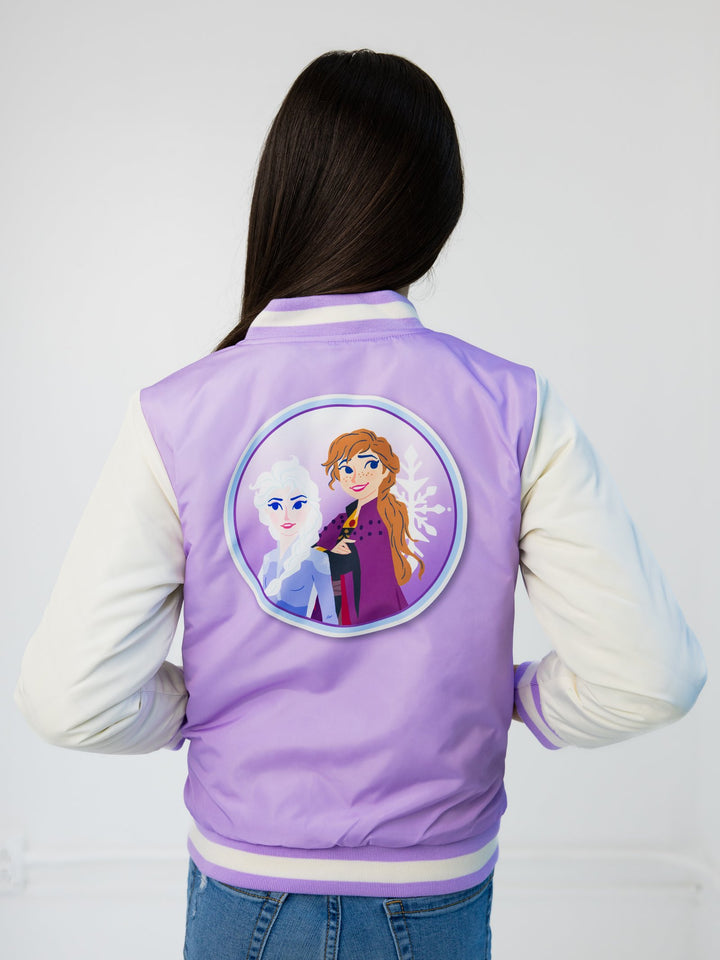 Frozen Girls' Varsity Bomber Jacket Lavender Anna Elsa