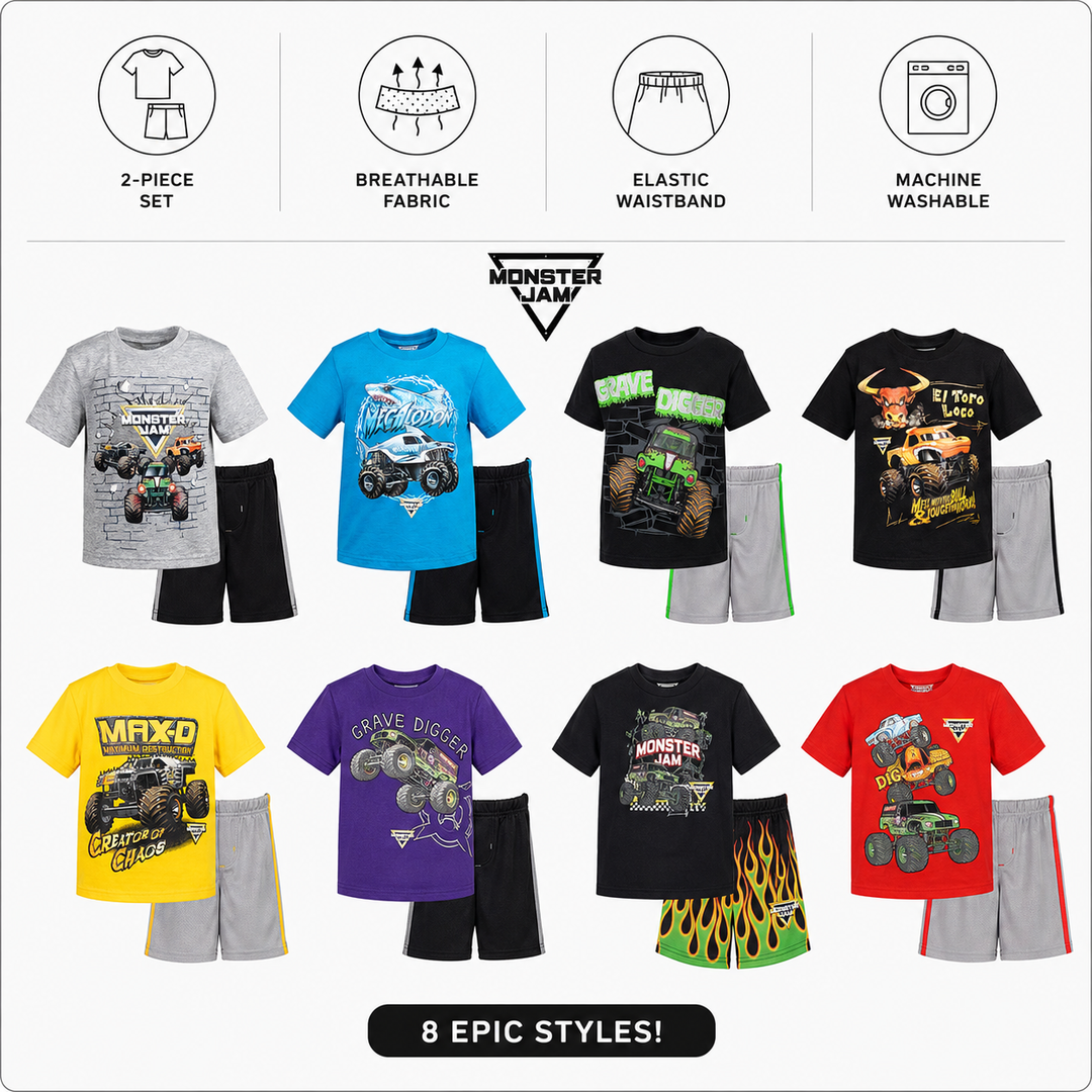 Monster Jam Grave Digger Boys' 2-Piece T-Shirt and Mesh Shorts Set Flame