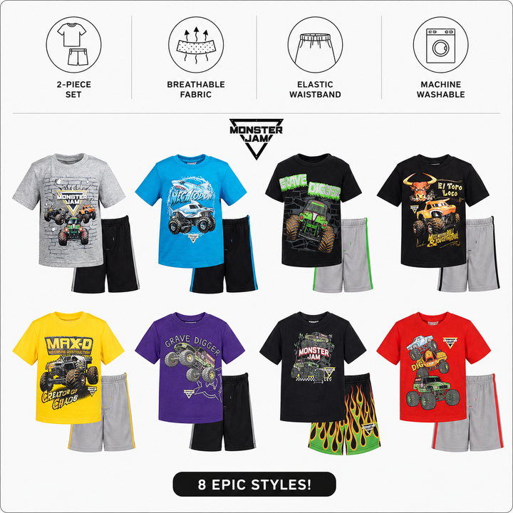 Monster Jam Grave Digger Boys' 2-Piece T-Shirt and Mesh Shorts Set Flame