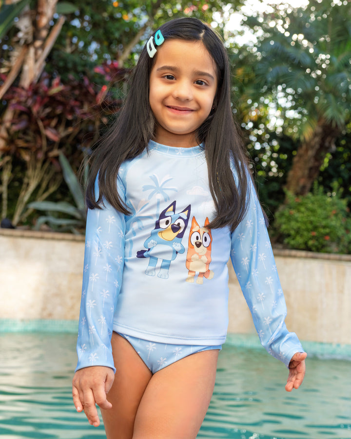 Bluey Girls' Swimwear 2-Piece Rash Guard and Bikini Set Bingo Palm Blue