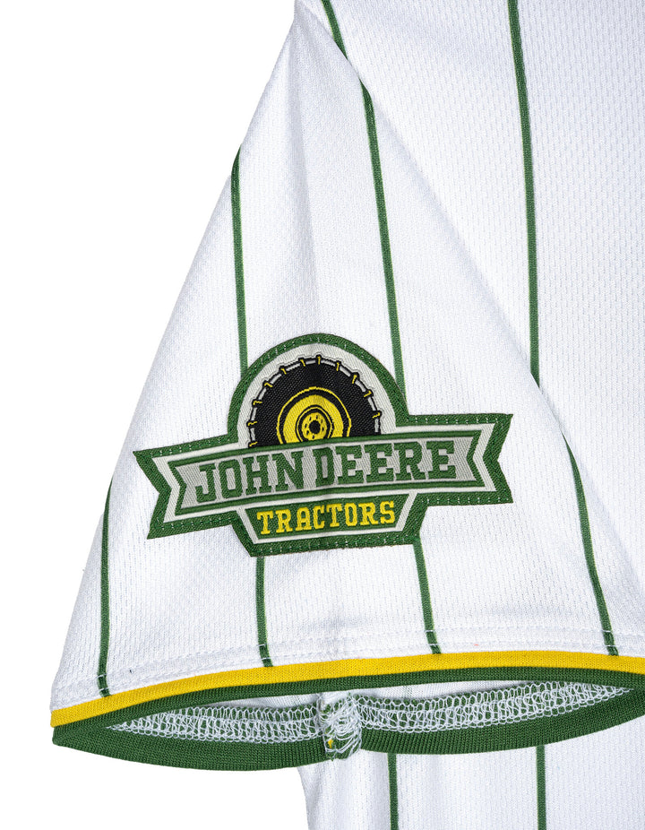 John Deere Boys' Baseball Button Front Shirt White Green Pinstripe