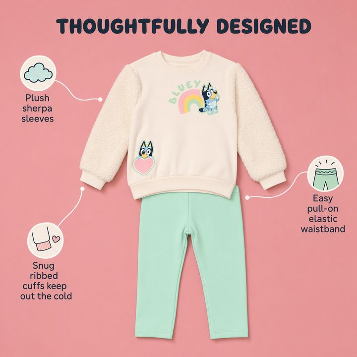 Bluey Girls' 2-Piece Fleece Sweatshirt and Leggings Set Cream Mint