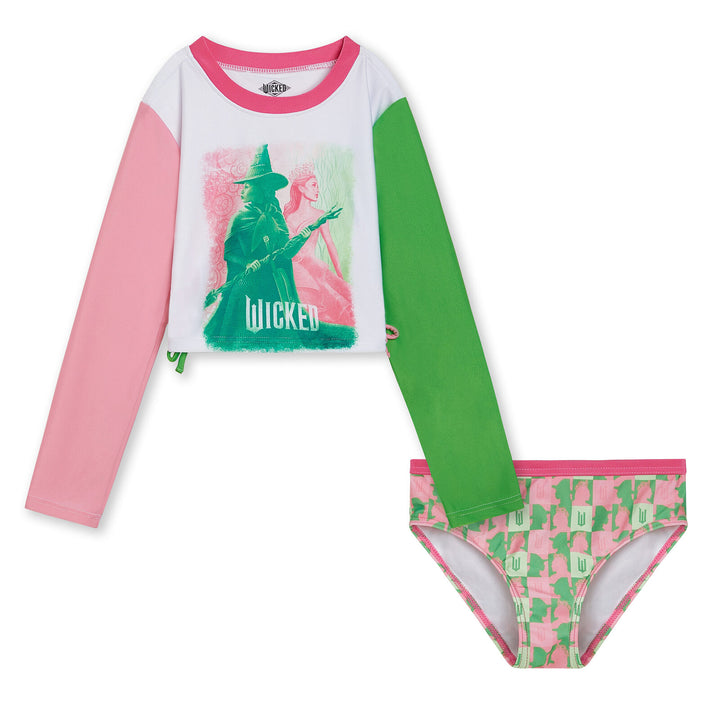 Wicked Girls' Cropped Swimwear Rash Guard and Bikini Set Pink Green