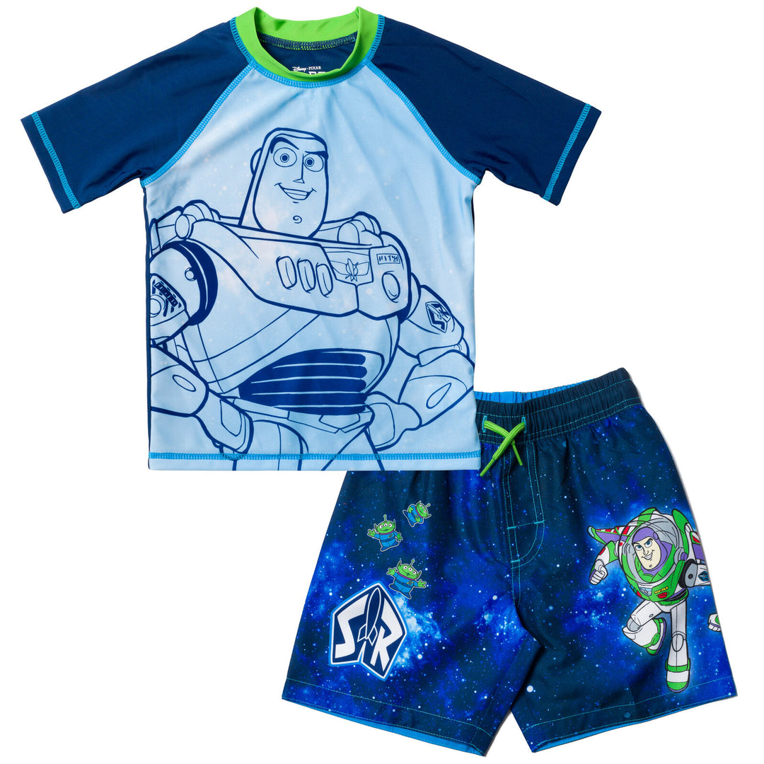 Disney Toy Story Short Sleeve Rash Guard and Swim Trunks Set Buzz Aliens Blue