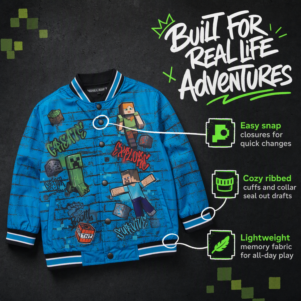 Minecraft Boys' Varsity Bomber Jacket Teal Black