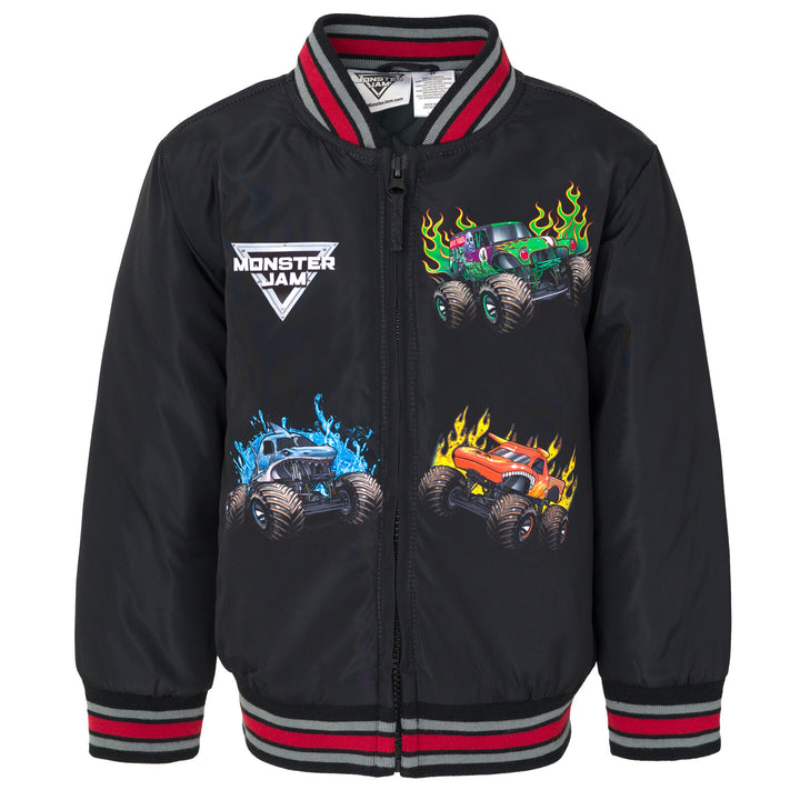 Monster Jam Boys' Zip-Up Bomber Jacket Black Grey Red