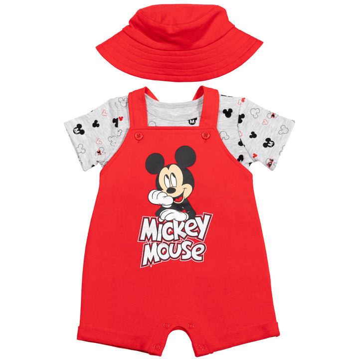 Disney Mickey Mouse Baby Boys' 3-Piece Shortall, T-Shirt and Hat Set Red Grey