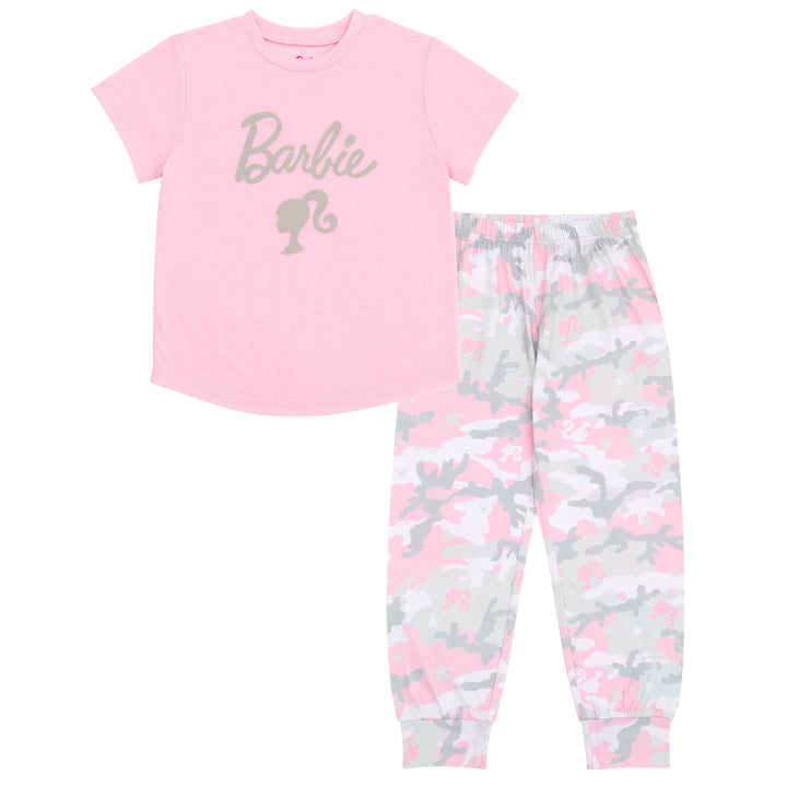 Barbie Girls' 2-Piece Pajama Shirt and Pants Set Rose Pink Camo