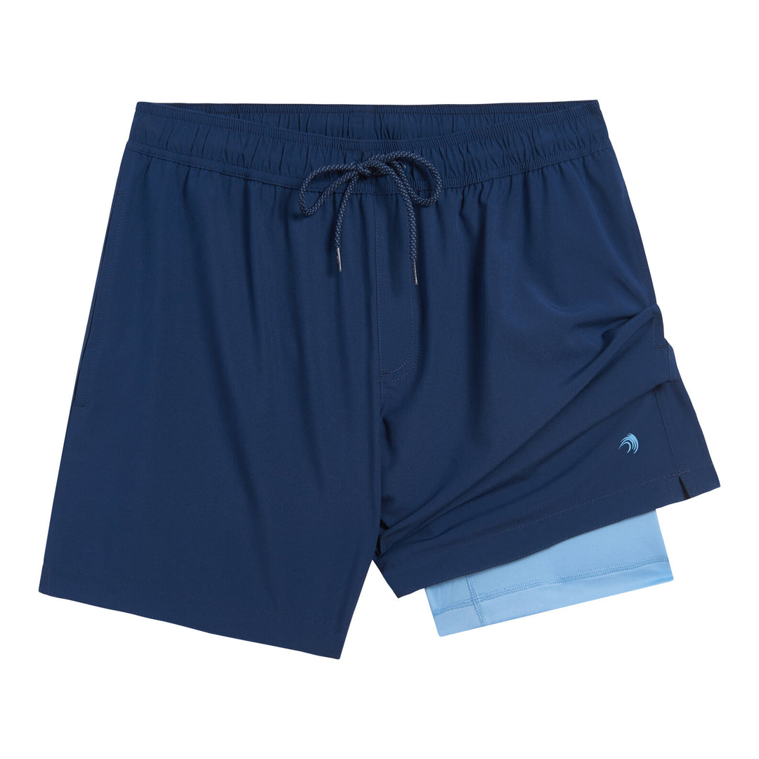 Dreamwave Men's 2-Pack Compression Liner Swim Trunks with Phone Pocket 7 inch Inseam Anti Chafing Navy Teal Turtles