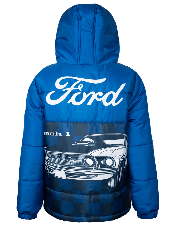 Ford Mustang Boys' Racing Hooded Puffer Jacket Royal Blue