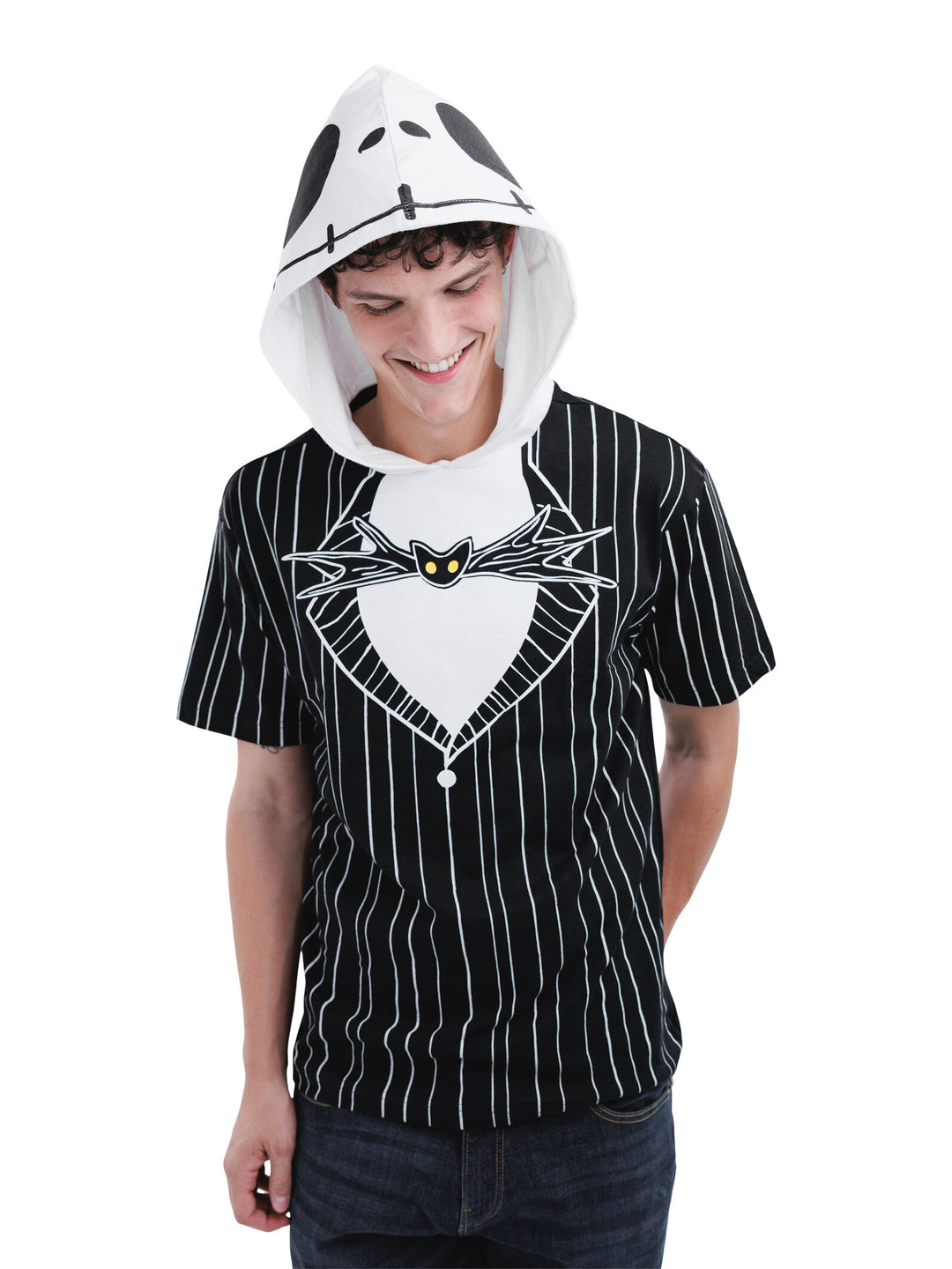 Nightmare Before Christmas Jack Skellington Men's Cosplay Short Sleeve Hooded T-Shirt Pinstripe Black