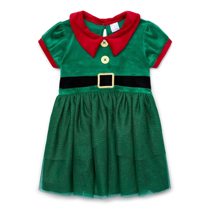 imagikids Girls' Holiday Short Sleeve Tulle Dress Green and Red