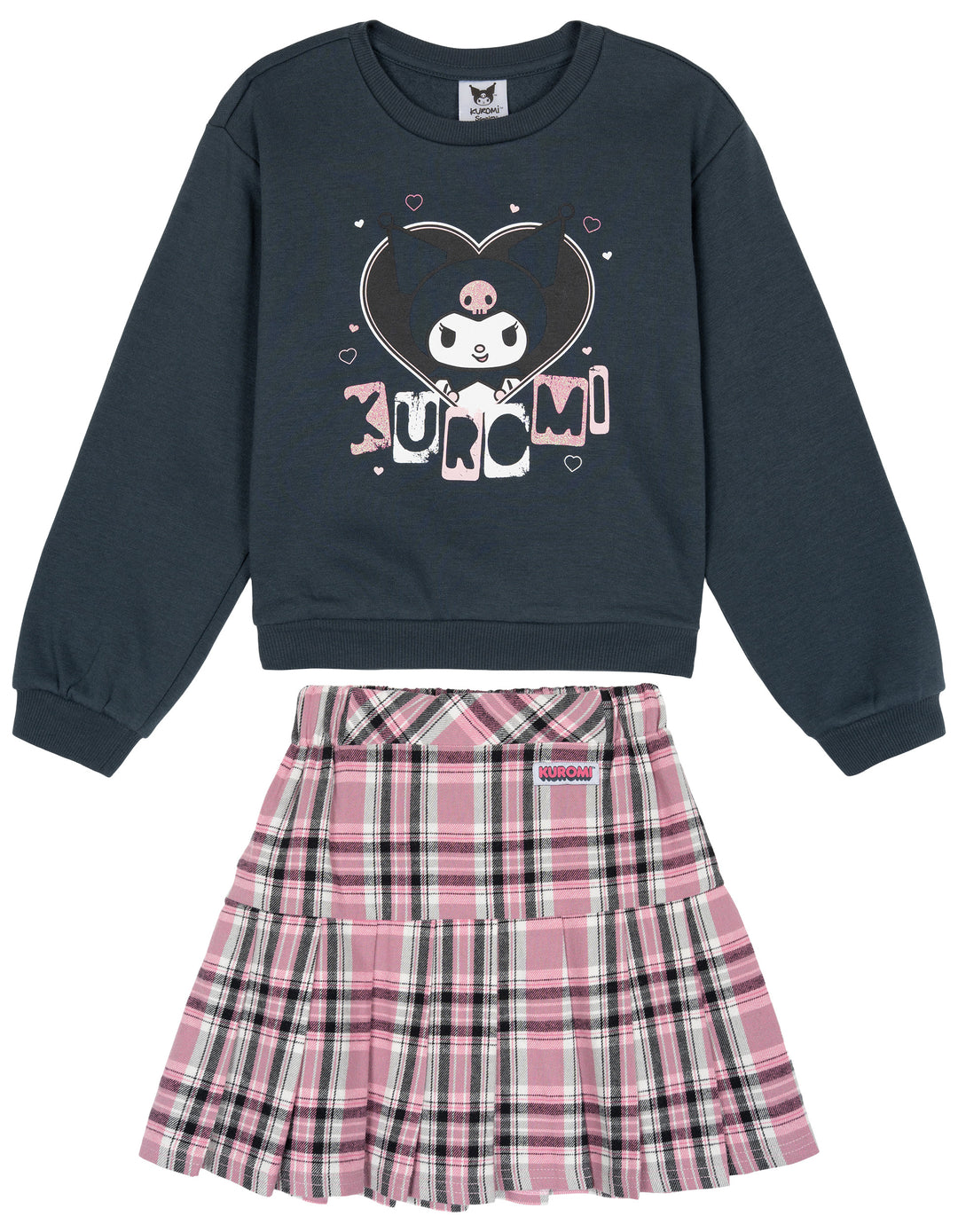 Hello Kitty Kuromi Girls' Fleece Sweatshirt and Pleated Skirt Set Charcoal
