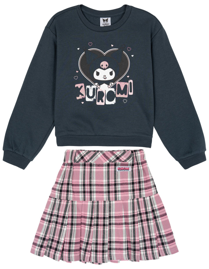Hello Kitty Kuromi Girls' Fleece Sweatshirt and Pleated Skirt Set Charcoal