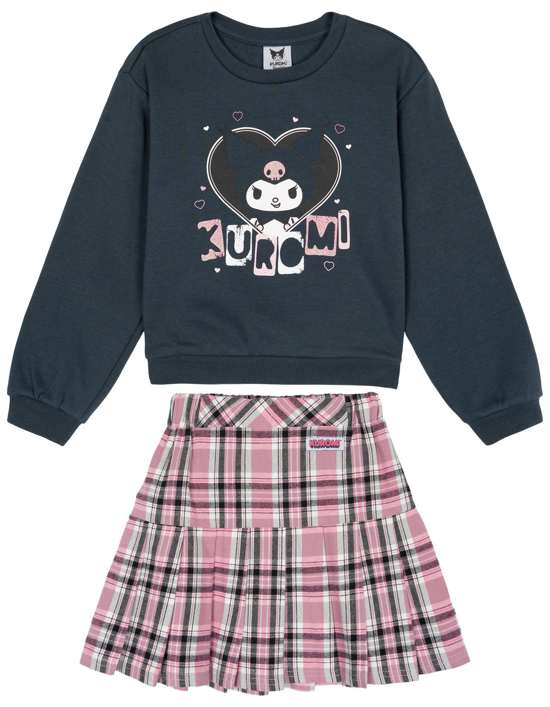 Hello Kitty Kuromi Girls' Fleece Sweatshirt and Plaid Pleated Skirt Set Charcoal