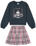 Hello Kitty Kuromi Girls' Fleece Sweatshirt and Plaid Pleated Skirt Set Charcoal