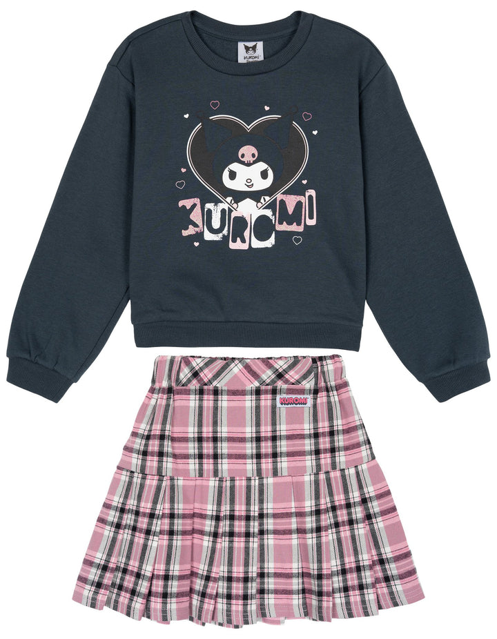 Hello Kitty Kuromi Girls' Fleece Sweatshirt and Plaid Pleated Skirt Set Charcoal