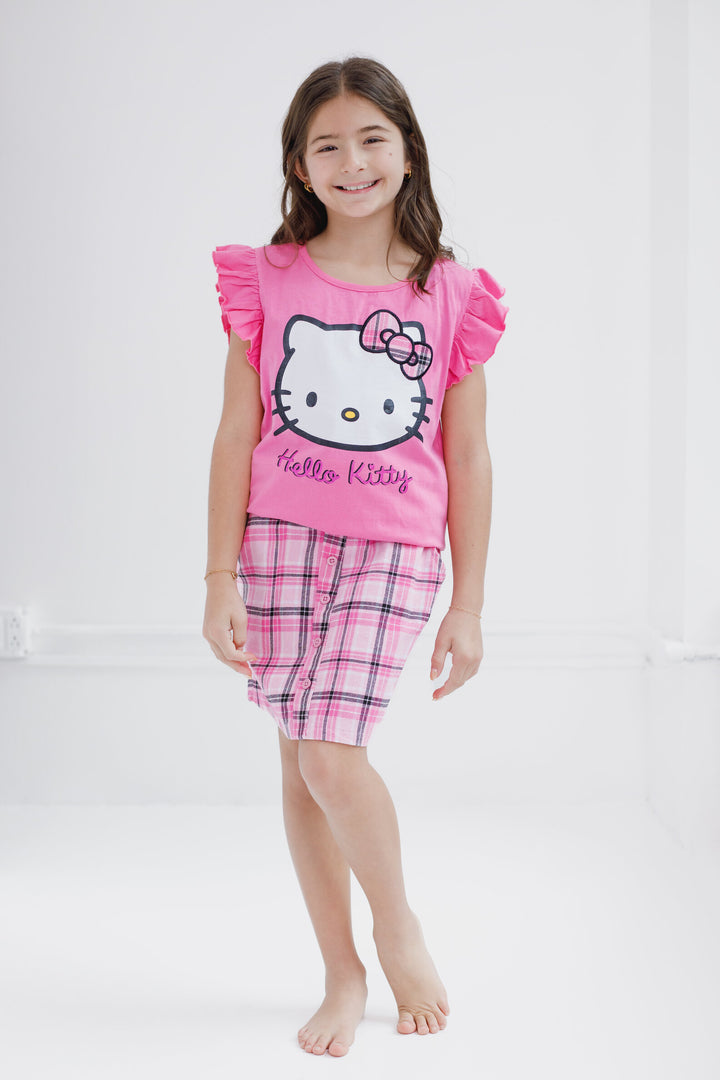 Hello Kitty Girls' 2-Piece Tee and Plaid Skirt Set Pink