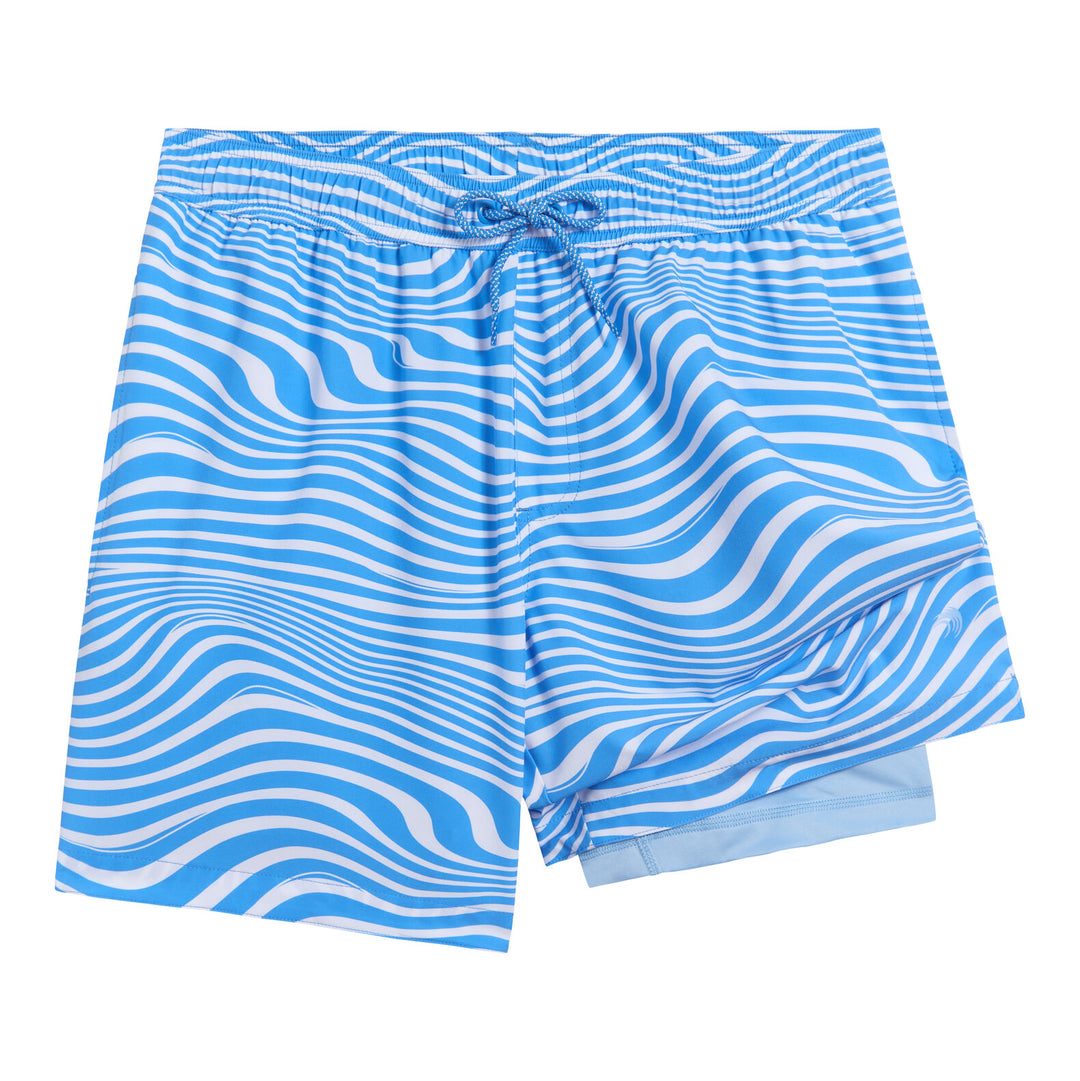 Dreamwave Men's 2-Pack Compression Liner Swim Trunks with Phone Pocket 7 inch Inseam Anti Chafing Navy Wavy Stripe