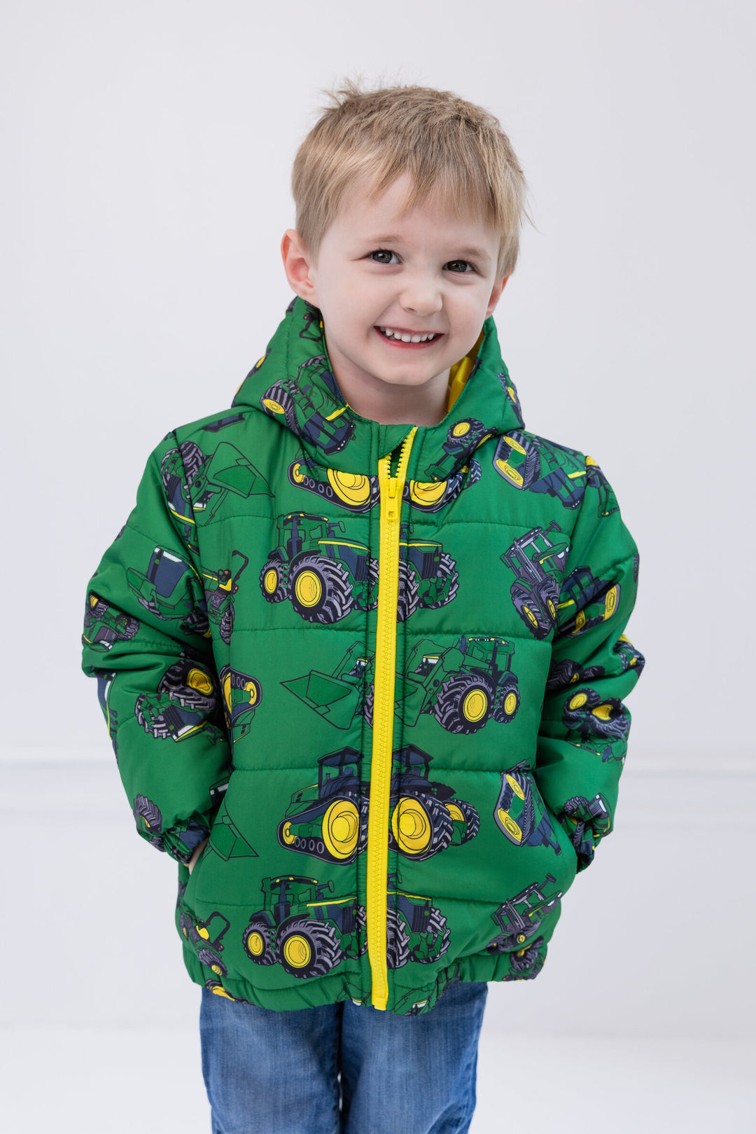 John Deere Boys' Quilted Hooded Puffer Jacket Tractor Green Print