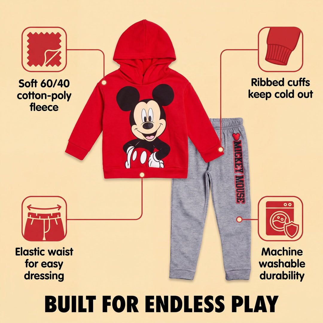 Disney Mickey Mouse Boys' Fleece 2-Piece Hoodie and Pants Set Red Grey