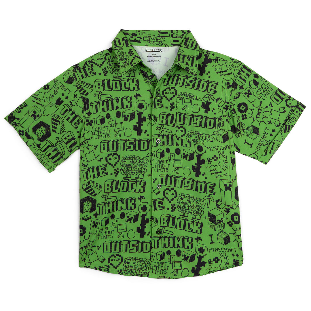 Minecraft Creeper Boys' Swimwear Camp Shirt and Swim Trunks Set Green Black