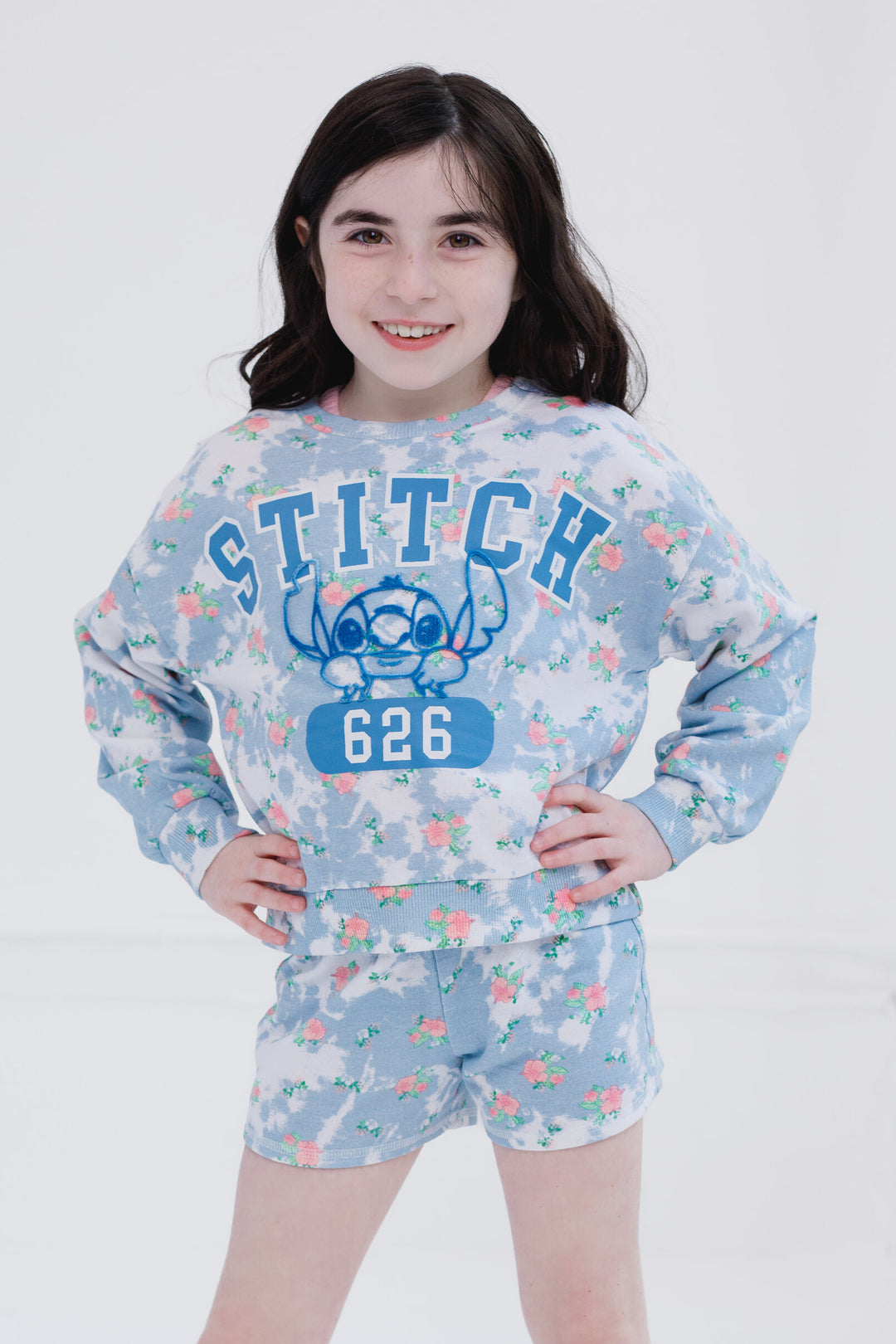 Lilo & Stitch Girls' French Terry Sweatshirt Tee and Shorts Set Blue Pink