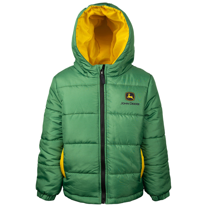 John Deere Boys' Hooded Puffer Jacket Green Chase and
