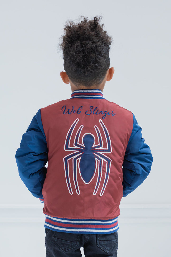 Marvel Spider-Man Boys' Zip-Up Varsity Bomber Jacket Navy Red