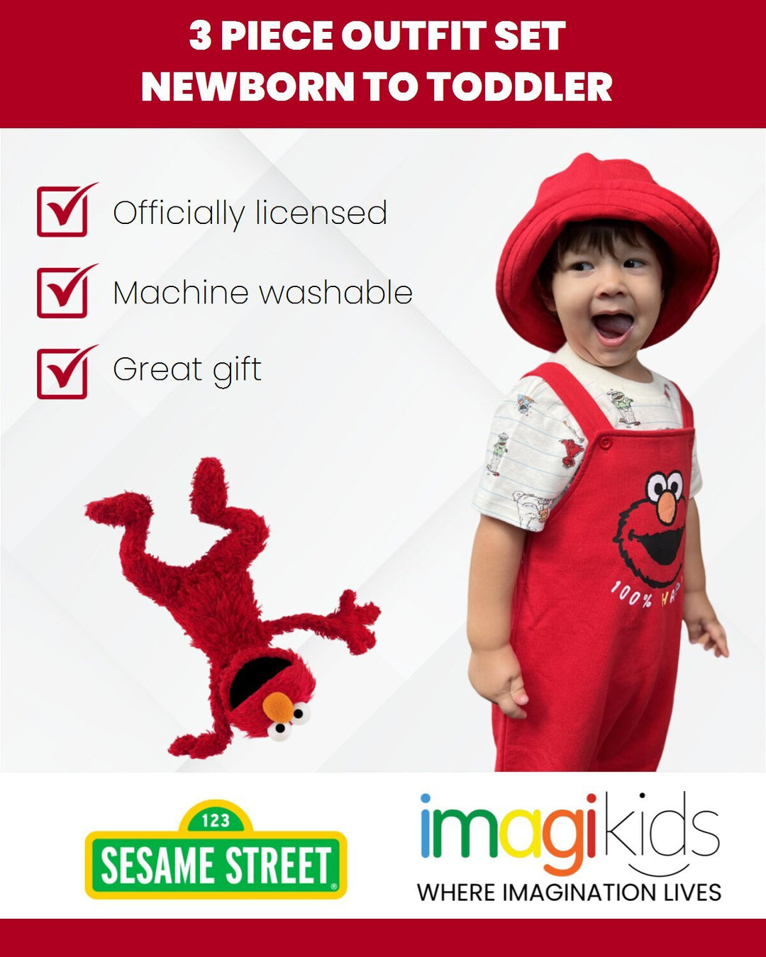 Sesame Street Elmo Boys' T-Shirt and Shortalls Set with Bucket Hat Red