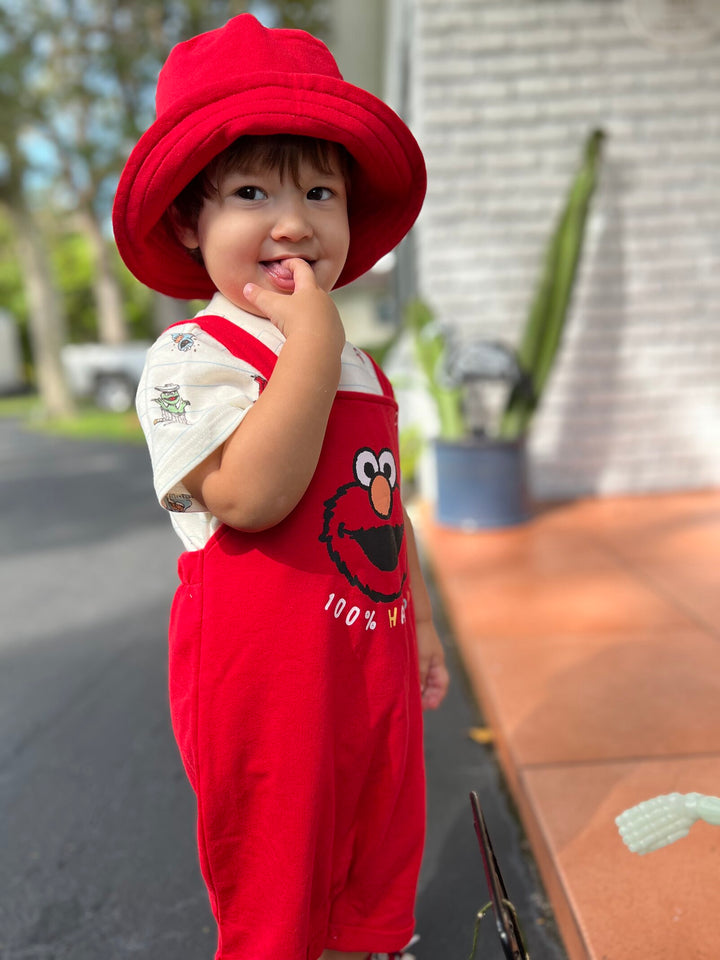 Sesame Street Elmo Boys' T-Shirt and Shortalls Set with Bucket Hat Red
