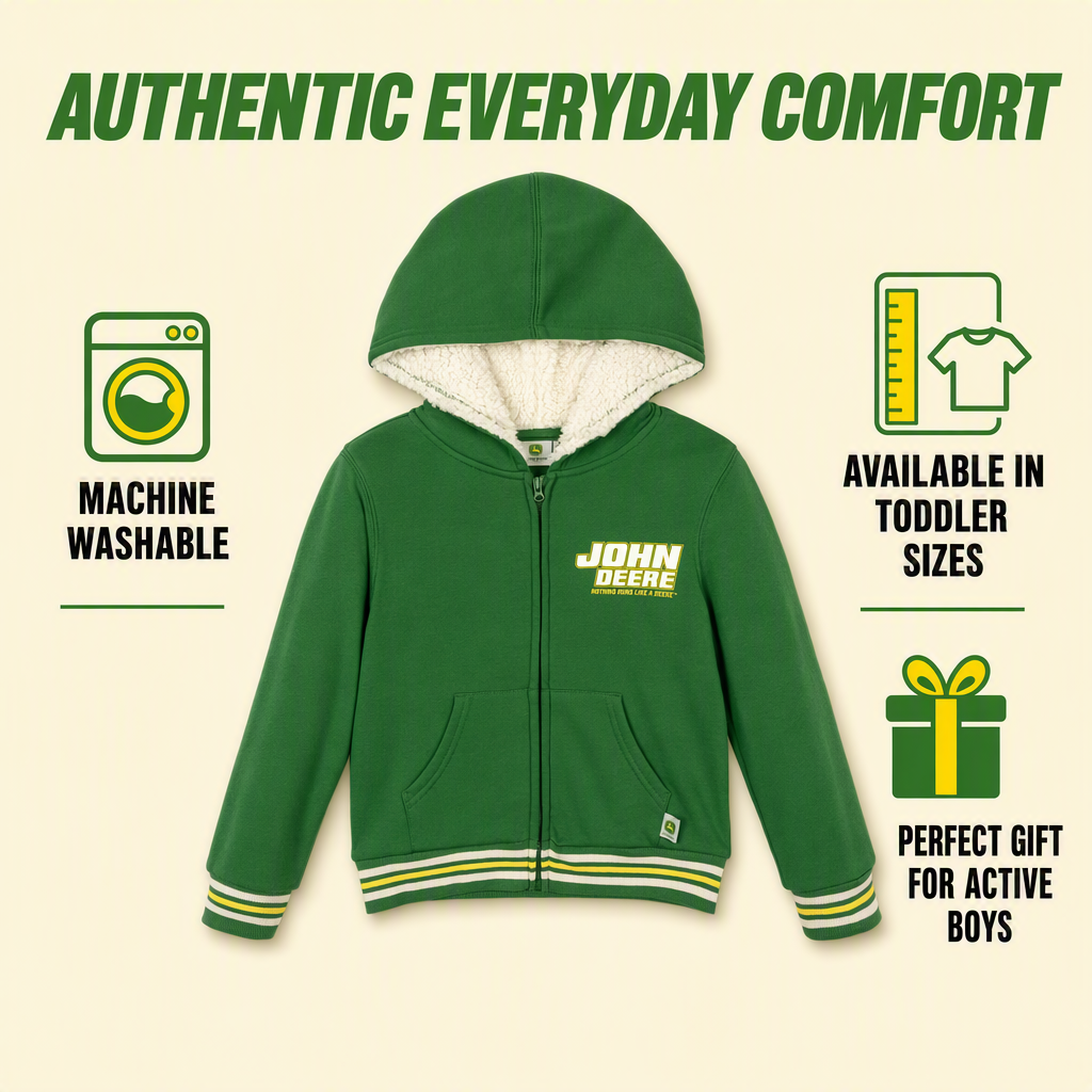John Deere Boys' Fleece Zip-Up Hoodie Green Cream