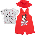 Disney Mickey Mouse Baby Boys' 3-Piece Shortall, T-Shirt and Hat Set Red Grey