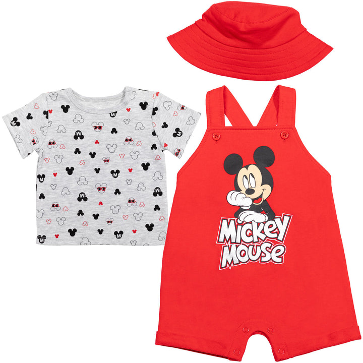 Disney Mickey Mouse Baby Boys' 3-Piece Shortall, T-Shirt and Hat Set Red Grey