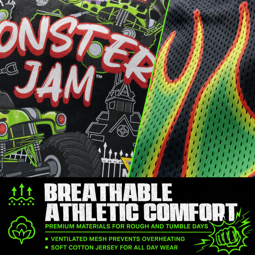 Monster Jam Grave Digger Boys' 2-Piece T-Shirt and Mesh Shorts Set Flame