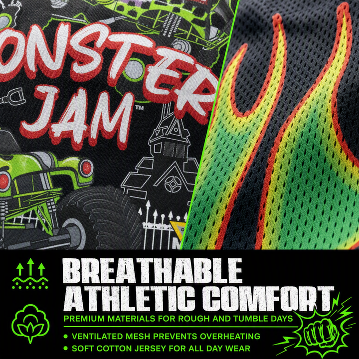 Monster Jam Grave Digger Boys' 2-Piece T-Shirt and Mesh Shorts Set Flame