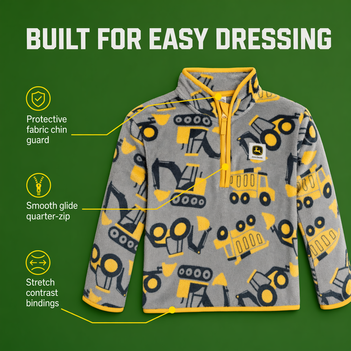 John Deere Boys' Fleece Quarter-Zip Sweatshirt Cool Gray Yellow