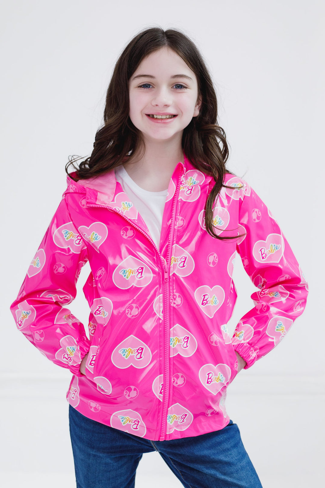 Barbie Girls' Hooded Rain Jacket Pink Hearts