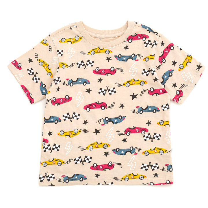 Funstuff Boys' Athletic 2-Piece T-Shirt and Shorts Set Race Car Beige Red